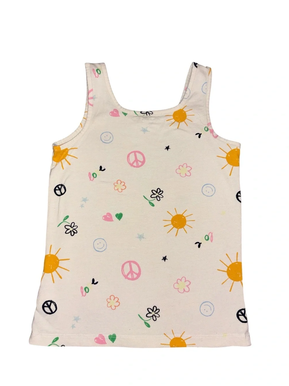 Old Navy White Tank Top with Yellow Sun & Multicolor Graphics